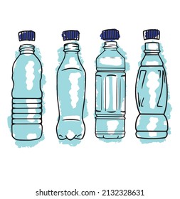 Water bottles with caps. Vector. Isolated on white background. Sketch style.