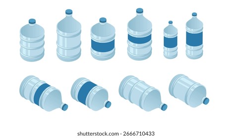 Colección de botellas de agua en diferentes vistas. Envases de Vertical y plástico Horizontal con etiquetas azules. Se muestran varios tamaños y posiciones. Ilustración vectorial aislada sobre fondo blanco.
