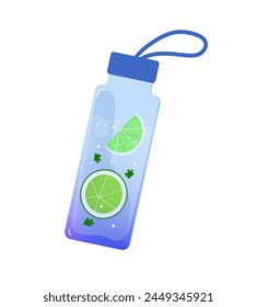 Water Bottles. Concept detox drink, drinking water in a  glass bottle. Reusable sport bottle with lemon and herbs. Vector cartoon flat illustration.