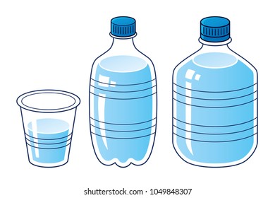 Water bottles and cup or glass isolated