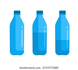  Water bottles with different liquid levels, blue plastic containers, vector illustration