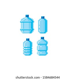 Water bottles of different sizes. Icon set. Design for stickers, logo, embroidery and mobile app. Video game assets 8-bit. Pixel art.