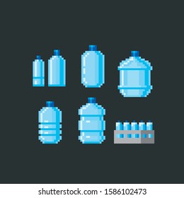 Water bottles of different sizes. Icon set. Design for stickers, logo, embroidery and mobile app. Video game assets 8-bit. Pixel art.