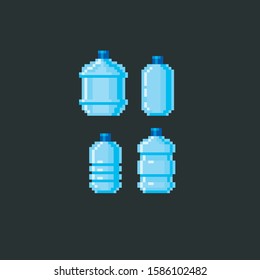 Water bottles of different sizes. Icon set. Design for stickers, logo, embroidery and mobile app. Video game assets 8-bit. Pixel art.