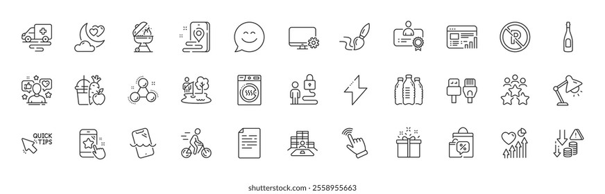 Water bottles, Energy and Love night line icons. Pack of Champagne, Certificate, Computer cables icon. Cursor, Table lamp, Heart beat pictogram. Sale bags, Lock, Smile chat. Quick tips. Vector