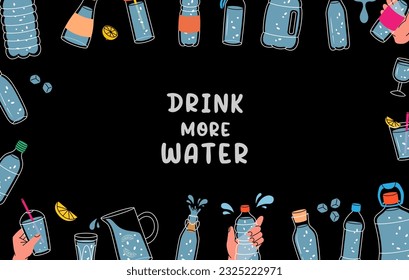 Water bottles horizontal banner. Plastic bottles line background. Drink more water. Glasses, bottles, jug, jar, flask with clean water.