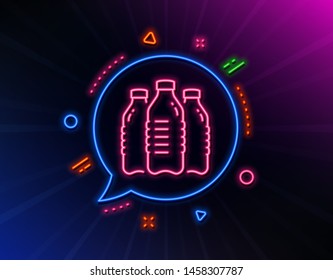 Water bottles line icon. Neon laser lights. Still aqua drink sign. Liquid symbol. Glow laser speech bubble. Neon lights chat bubble. Banner badge with water bottles icon. Vector