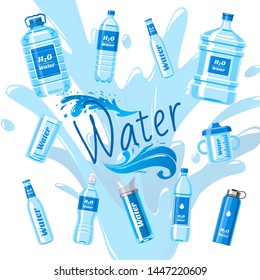 Water bottles made of plastic banner vector illustration. Healthy agua bottles with label. Clean pure drink in container. Super natural water on splash background for advertisement.