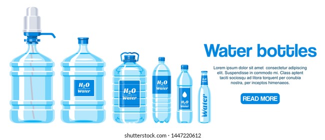 Water Bottles Made Of Plastic Web Design Banner Vector Illustration. Healthy Agua Bottles With Label. Clean Pure Drink In Container. Super Natural Water Background For Advertisement.