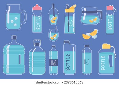 Water bottles mega set in flat design. Bundle elements of jars, coolers, cups and mugs with lemon and ice cubes, plastic and glasses containers for liquid. Vector illustration isolated graphic objects