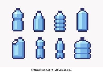 Botellas de agua pixel art set. Colección de contenedores de agua de plástico azul. Lata de bebidas 8 bit. Desarrollo de juegos, App móvil. Ilustración vectorial aislada. 