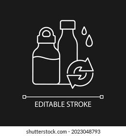 Water bottles refill white linear icon for dark theme. Eco friendly package for drinks. Thin line customizable illustration. Isolated vector contour symbol for night mode. Editable stroke