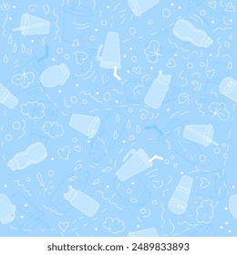 Water bottles seamless pattern for healthy lifestyle on blue background. Water balance vector illustration. World water day. Health protection concept, drink more water concept.