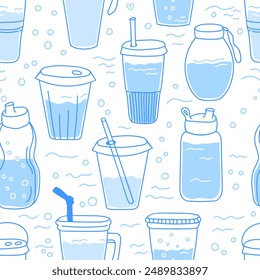 Water bottles seamless pattern for healthy lifestyle. Blue doodles on a white background. Water balance vector illustration. Health protection concept, drink more water concept.