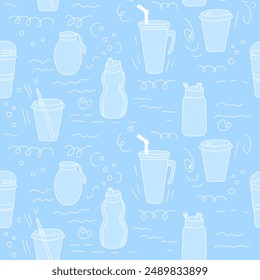 Water bottles seamless pattern for healthy lifestyle on blue background. Water balance vector illustration. World water day. Health protection concept, drink more water concept.