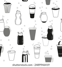 Water bottles seamless pattern for healthy lifestyle. Black and white background. Water balance vector illustration. World water day. Drink more water concept.