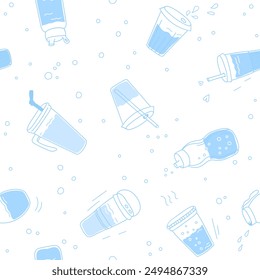 Water bottles seamless pattern for healthy lifestyle. Blue doodles on a white background. Water balance vector illustration. Health protection concept, drink more water concept.