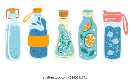 Water Bottles set. Concept detox drink, drinking water in a thermos, glass bottle. Ice water. Refreshing summer drink. Healthy lifestyle daily habits, wellness, morning rituals. Vector illustration - Shutterstock ID 2160631741