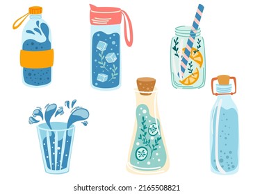 Water Bottles set. Concept detox drink, drinking water in a thermos, glass bottle. Ice water. Refreshing summer drink. Healthy lifestyle daily habits, wellness, morning rituals. Vector illustration