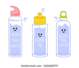 Water bottles set, cute bottles, vector illustration, on a white background, drink more water