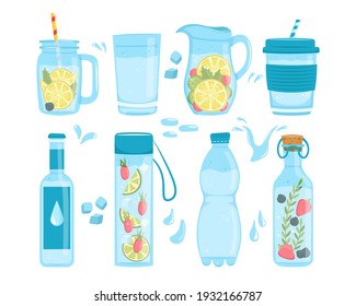 Water bottles set. Detox drinks and fresh tasty lemonade with fruits. Sports and glass bottle. Healthy lifestyle. Vector illustration.