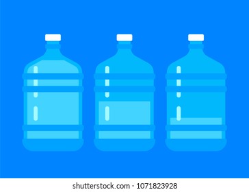 The water bottles set isolated on a background. Flat design vector illustration. Big bottle with the 5 litres volume. Plastic object. For water courrier illustration. 