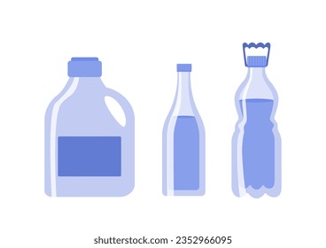 Water of bottles set. Plastic packages for fresh and pure liquid. Aqua and H2O. Healthy lifestyle. Poster or banner for website. Cartoon flat vector collection isolated on white background