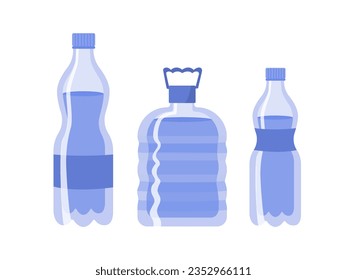 Water of bottles set. Plastic packages for fresh and pure liquid. Aqua and H2O. Sticker for social networks and messengers. Cartoon flat vector collection isolated on white background