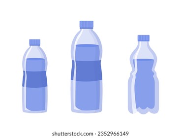 Se pone agua de botellas. Paquetes de plástico para líquido fresco y puro. Aqua y H2O. Lucha contra la sed. Plantilla, disposición y burla. Colección vectorial plana de dibujos animados aislada en fondo blanco