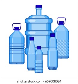 Water bottles set of various size on white