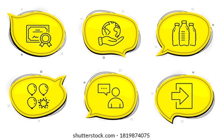 Water bottles sign. Diploma certificate, save planet chat bubbles. Users chat, Balloon dart and Login line icons set. Communication concept, Attraction park, Sign in. Aqua drinks. Business set. Vector