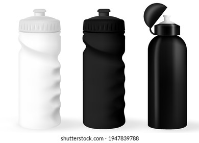 Water Bottles. white, Silver and Black Empty Glossy Metal Reusable Water Bottles. water container Illustration for sport bike and fitness. Vector realistic 3d.