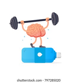 Water and brain. Creative concept brain lifts weights. Cartoon smart brain. Vector illustration. Flat style design