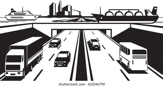 Water bridge above highway - vector illustration