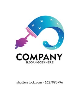 Water broom logo. Cleaning service logo. Broom and a puddle of water
