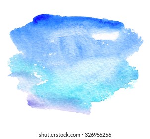 Water brush painted isolated stain on white background. Blue green violet watercolor design element for decoration, print, web, cover, scrapbook. Hand drawn paper texture abstract vector illustration 