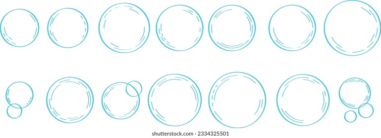 Wasserblase im Doodle-Stil. Leitungswasser fällt im Skizzenstil. Schaumstoffumschlag, Schaumstoffzischung oder Natriumkontur. Schaumblasen aus Gel, Shampoo, Waschpulver. Blasen handgezeichnet Illustration. 