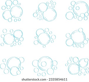 Water bubble in doodle style. Line water drops in sketch style. Foam drop, fizz or soda outline. Foam bubbles of gel, shampoo, washing powder. Bubbles hand drawn illustration. 