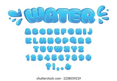 Wasserblase-Schriftart. Glossyblasen-Buchstaben, chubby-Alphabet und Wassertropfen aufgeblasene Zahlen zeigen Schriftzeichen-Vektorset von Alphabet-Wasserzeichensymbol-Illustration