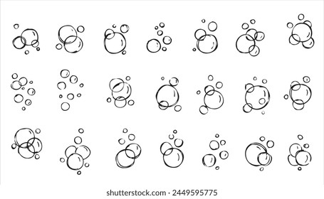 Burbuja de agua. Delinee el jabón de aire. Esboce el dibujo de espuma. Aqua sparkle, garabato puro gas submarino limpio. Conjunto de efecto Baño aislado en blanco