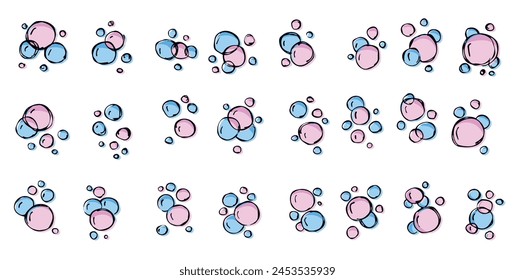 Burbuja de agua. Delinee el jabón de aire. Esboce el dibujo de espuma. Conjunto de efecto Baño aislado en blanco. Aqua rosa azul brillante, garabato puro gas submarino limpio