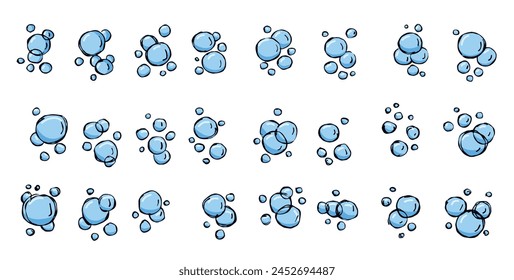 Water bubble. Outline blue air soap. Aqua sparkle, doodle pure clean underwater gas. Set of Bath effect isolated on white. Sketch foam drawing