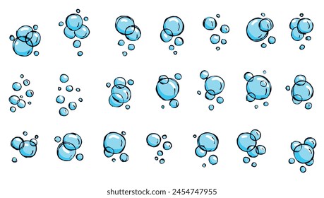 Water bubble. Outline blue air soap. Sketch foam drawing. Aqua sparkle, doodle pure clean underwater gas. Set of Bath effect isolated on white