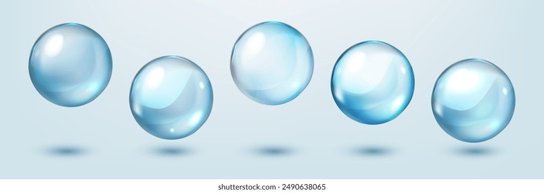 Water bubble set, realistic collagen oil or essence, model isolated on transparent background. Vector circle water drop icon