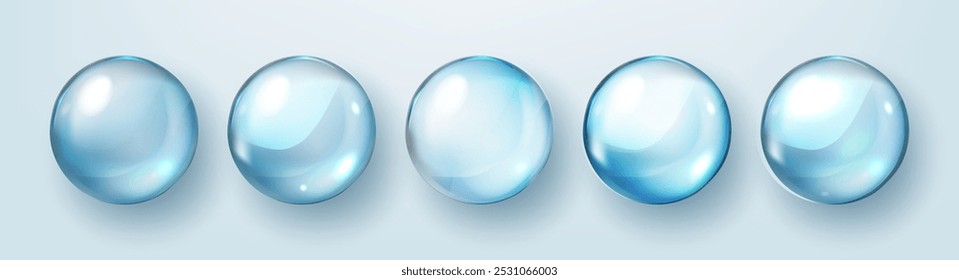 Conjunto de burbujas de agua, aceite de colágeno realista o esencia, modelo aislado sobre fondo transparente. Icono de gota de agua de círculo de Vector