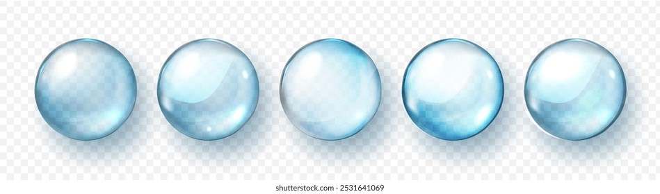 Water bubble set, realistic collagen oil or essence, model isolated on transparent background. Vector circle water drop icon