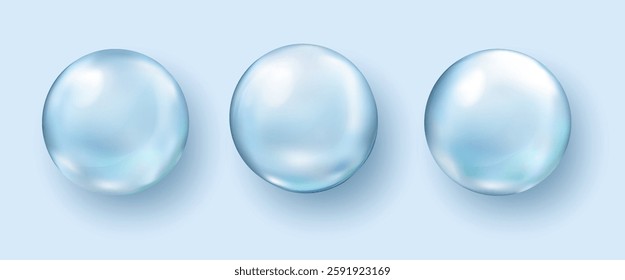 Water bubble set, realistic collagen oil or essence, model isolated on transparent background. Vector circle water drop icon