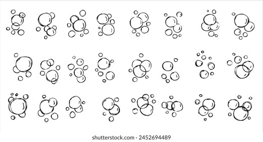 Water bubble. Sketch foam drawing. Aqua sparkle, doodle pure clean underwater gas. Set of Bath effect isolated on white. Outline air soap