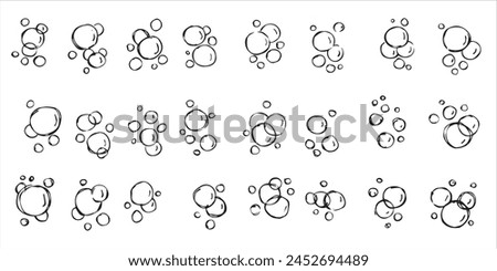 Water bubble. Sketch foam drawing. Aqua sparkle, doodle pure clean underwater gas. Set of Bath effect isolated on white. Outline air soap