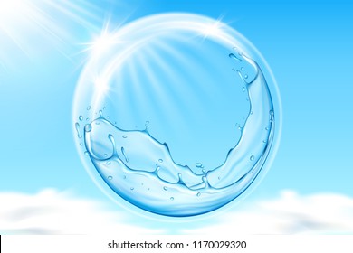 Water bubble in sky reflecting sun beams. Heaven with clouds and splashing liquid repelling sunshine or glowing rays. Sunburn protection and skincare theme